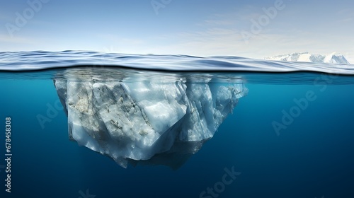 Split view of an iceberg showing above and below the water line. Underwater iceberg. Antarctica. Arctic Greenland. Climate change and global warming travel concept.