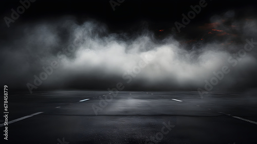 Smoke And Fog On Asphalt In Black Defocused Background 