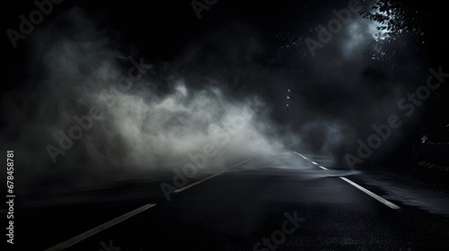 Smoke And Fog On Asphalt In Black Defocused Background 