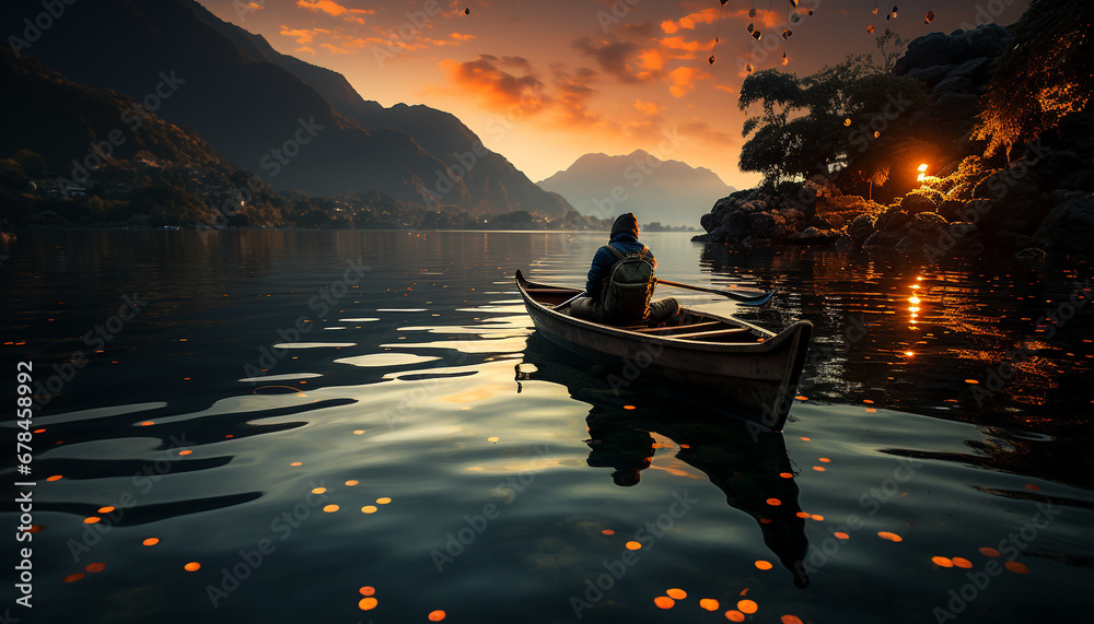 Men rowing a canoe at sunset, surrounded by tranquil nature generated by AI