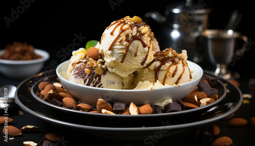 Indulgent gourmet dessert homemade chocolate ice cream with almond fudge generated by AI photo