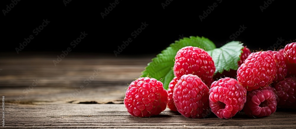 Ripe natural raspberries on rustic wooden background
