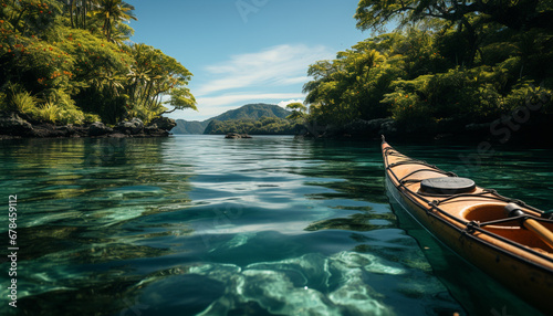 Outdoor adventure kayaking in tranquil waters, surrounded by nature beauty generated by AI © Stockgiu