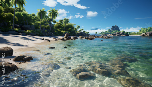 Idyllic tropical coastline, tranquil waters, palm trees, and breathtaking sunset generated by AI