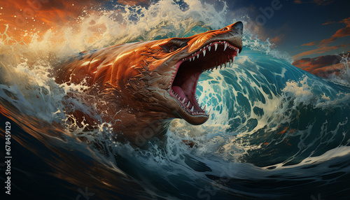 Majestic dragon roaring underwater, evoking fear in nature creatures generated by AI
