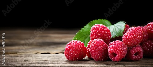 Ripe natural raspberries on rustic wooden background