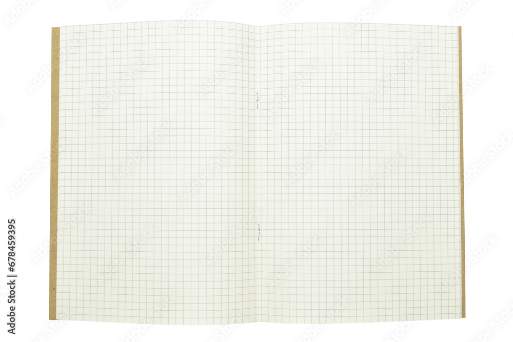 blank open notebook with lined paper isolated on white background