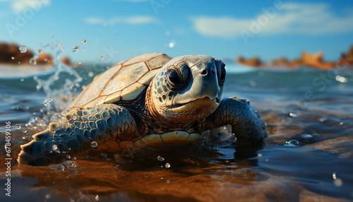 Cute turtle swimming in blue water, looking at camera generated by AI