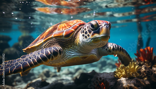 Turtle swimming underwater, surrounded by colorful fish and coral generated by AI