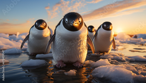 Penguins in snow, winter beauty, smiling in Arctic sunset generated by AI
