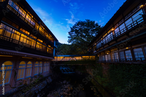 An old fashioned architecture in Nakanojo Gunma at dusk wide shot