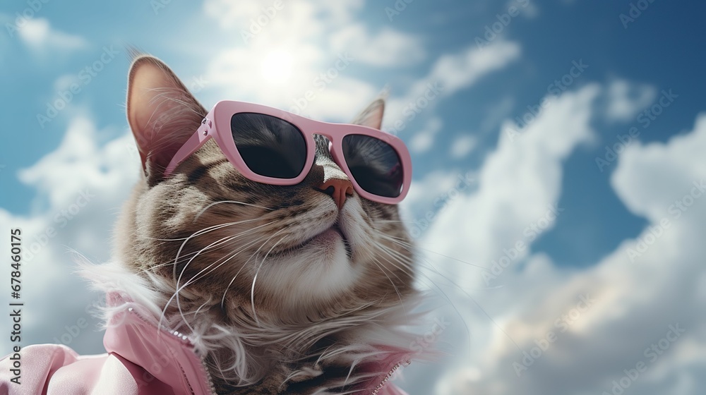 Trendsetting Cat Fashion: Futuristic Kitty in Sunglasses and Pink Clouds