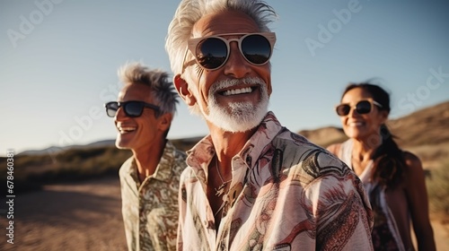 Happy Seniors in Trendy Clothes Against Cloudless Blue Sky