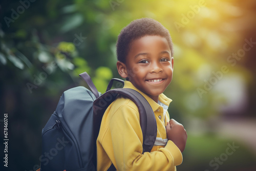 Happy and smiling little boy carrying a backpack going back to school