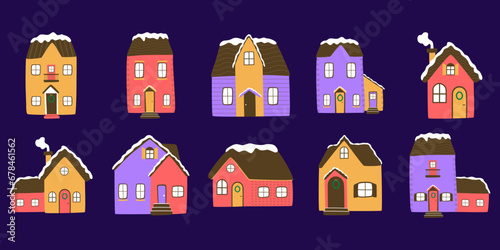 Set of cute winter house illustration. Snowy houses collection, suburban cottage with snow. Vector Illustration.