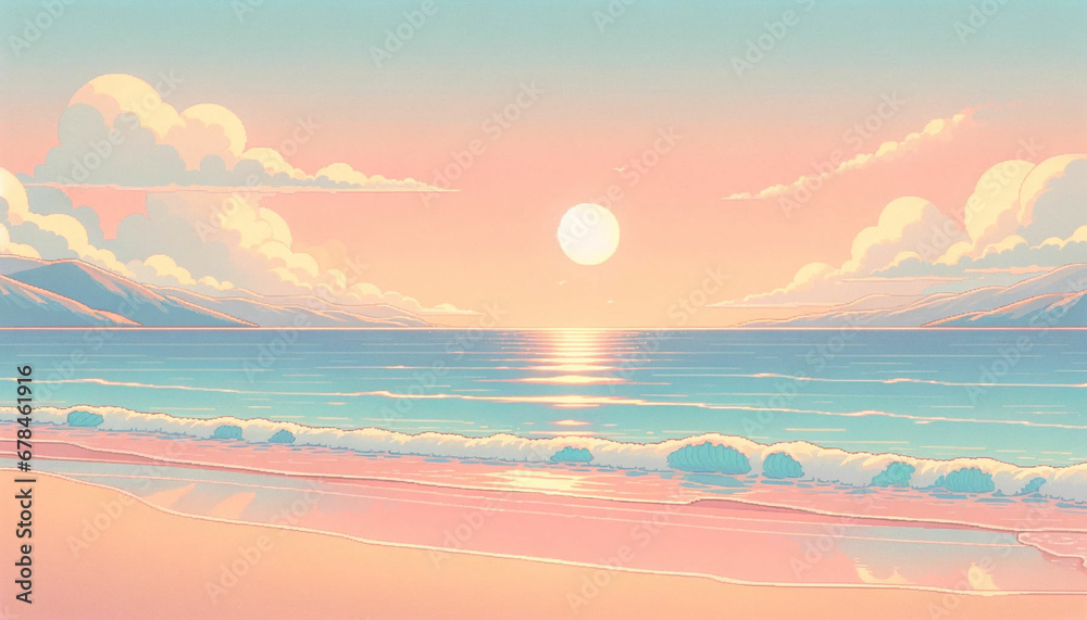 Beautiful sunset on the beach in japanese anime style illustration. Generative AI.