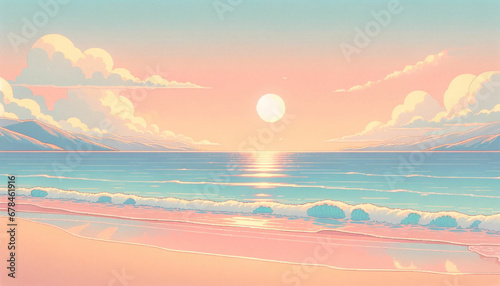 Beautiful sunset on the beach in japanese anime style illustration. Generative AI. © Yoru
