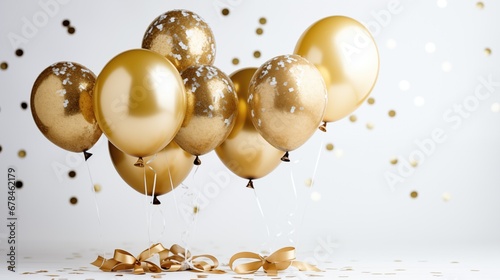 Gold shiny confetti and gold balloons on white background. Celebration and party invitation concept.