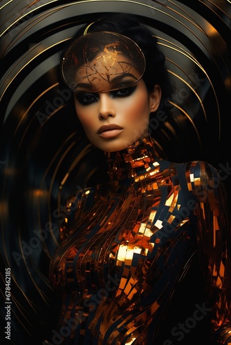 woman gold bodysuit golden hat make digital gorgeous female black orange color palette silver shapes lobotomy gemini parted lips stunning masked facets collar