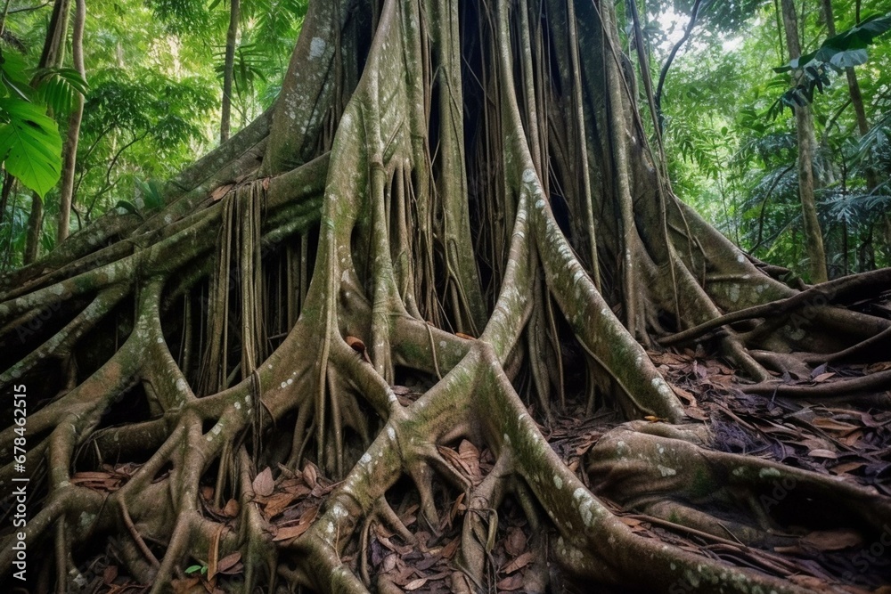 Roots of a lupuna tree in the Amazon rainforest of Peru. Generative AI