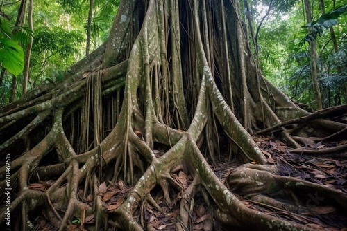 Roots of a lupuna tree in the Amazon rainforest of Peru. Generative AI © Farrah