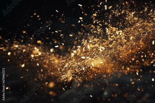 Sparkling gold glitter exploding against a dark backdrop. Generative AI
