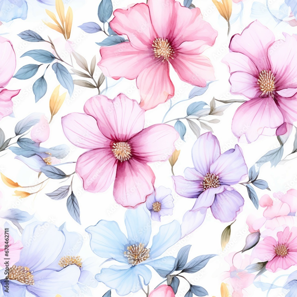 Seamless flower blossom in pastel watercolor. Seamless patterns tile.