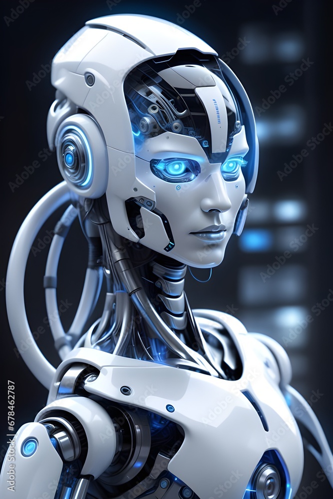 Futuristic blue and white robot with artificial intelligence