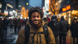 African tourist walking in winter city, smiling confidently at camera generated by AI