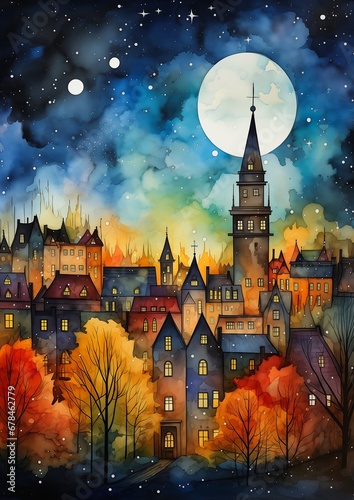 city clock tower full moon autumn spirit illustration moody color night achingly aka dream small town close covered stars photo