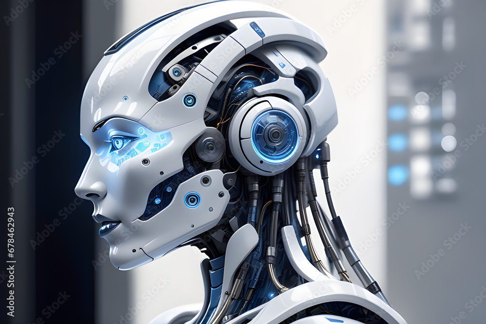 Futuristic blue and white robot with artificial intelligence