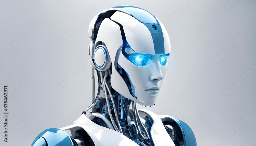 Futuristic blue and white robot with artificial intelligence