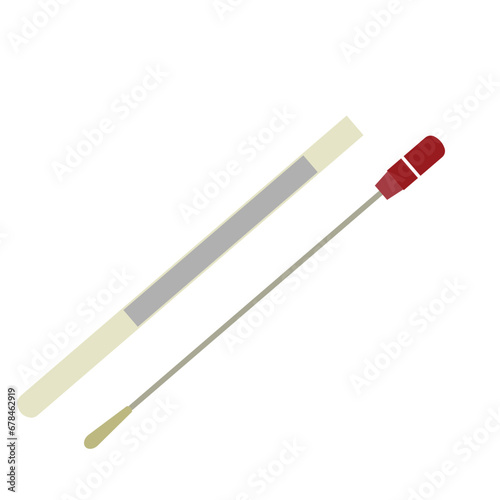 Medical kit for analysis with cotton swab and test tube, transparent glass capsule. Personal hygiene items are stored in plastic boxes with hospital data. Healthcare concept.