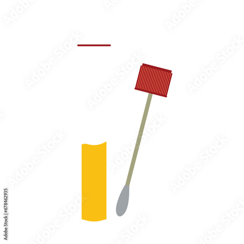 Medical kit for analysis with cotton swab and test tube, transparent glass capsule. Personal hygiene items are stored in plastic boxes with hospital data. Healthcare concept.