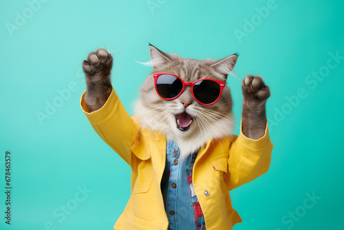 Gato con ropa de humano y lentes a la moda fondo de estudio liso de color azul photo