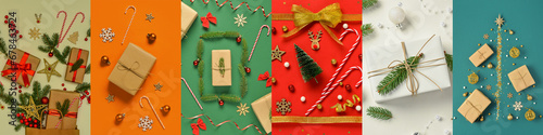 Collage of beautiful Christmas gifts on color background photo
