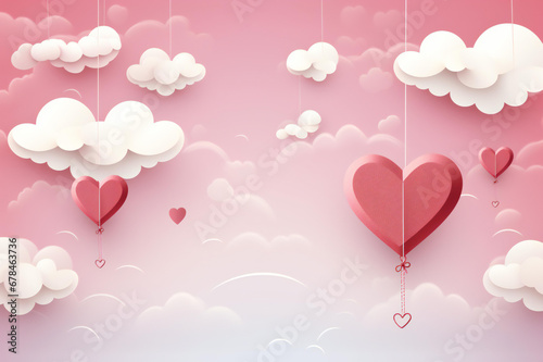 Happy Valentine's Day greeting background in papercut realistic style. Paper clouds, flying realistic hearts on a string. copy space.