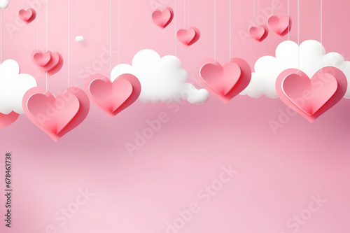 Happy Valentine's Day greeting background in papercut realistic style. Paper clouds, flying realistic hearts on a string. copy space.