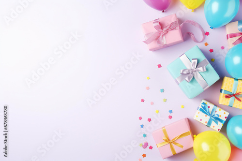 colorful gift boxes Colorful festive on background frame Cards for colorful birthday party objects and gift boxes on a pastel color background