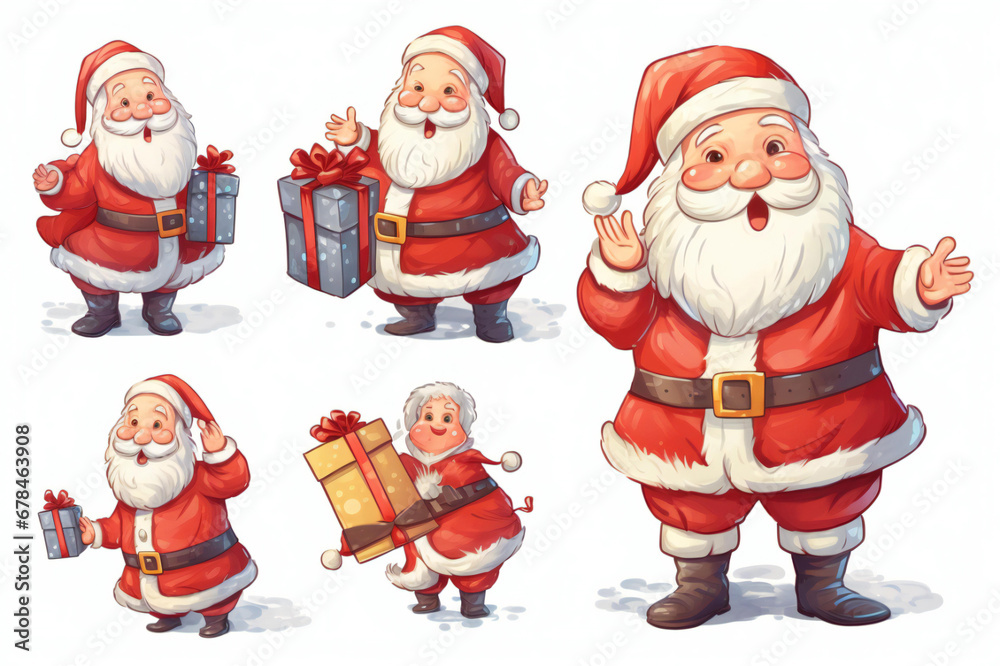 Collection of happy Santa Claus character with gifts and a bag with presents isolated on a white background