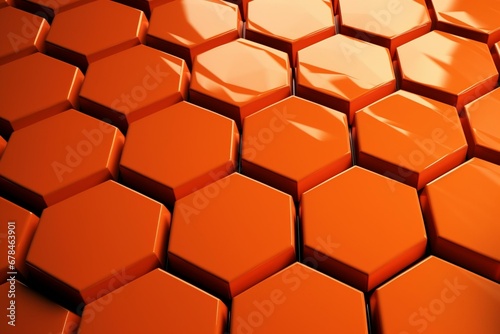 Bright orange glossy tiles form a backdrop with hexagonal 3D blocks. Synthetic image. Generative AI