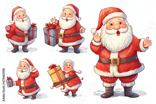 Collection of happy Santa Claus character with gifts and a bag with presents isolated on a white background