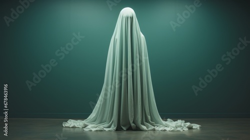 Person on Halloween in a typical ghost costume with a plain colored background