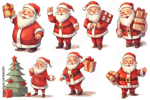 Collection of happy Santa Claus character with gifts and a bag with presents isolated on a white background