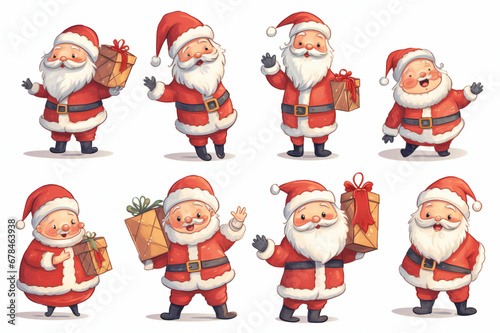 Collection of happy Santa Claus character with gifts and a bag with presents isolated on a white background