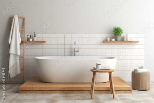 Contemporary bathroom with tiles  bathtub  wooden shelf  towels. Generative AI