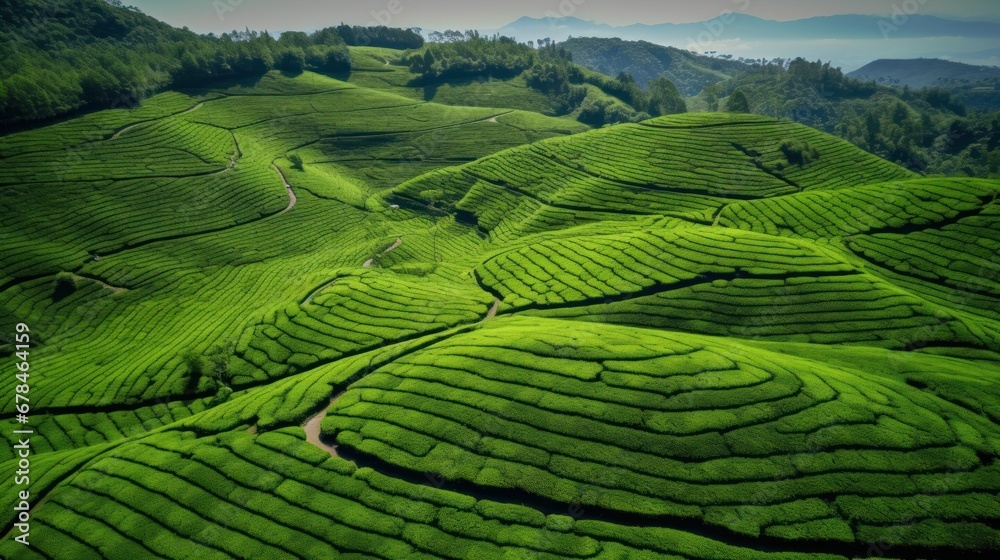 Aerial drone view of beautiful shapes of tea plantation