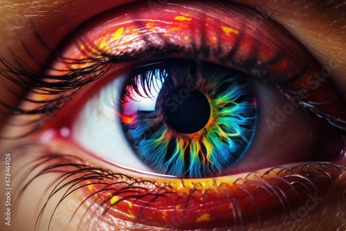 Close-up of a woman's eye in multicolor make up. Generative AI technology.