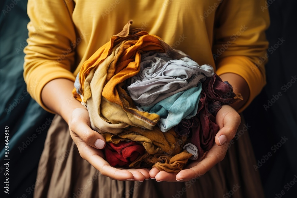 hands woman hold A pile of clothes next to a washing machine. Generative Ai