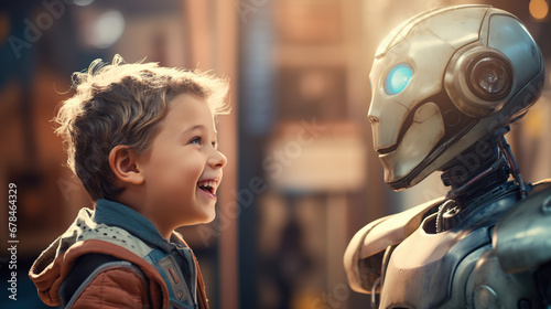 A joyful child and a robot companion depict the modern bond between humans and AI-powered friends.